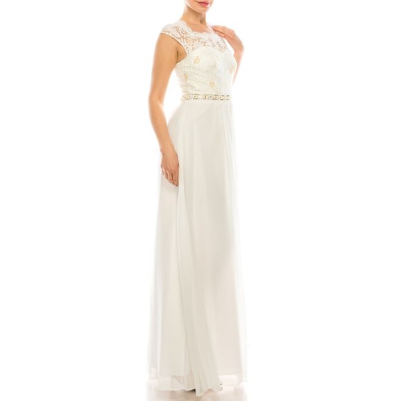 QUEEN ANNE NECK FLORAL LACE BODICE A-LINE CHIFFON FULL LENGTH DRESS(182811) - Picture 3 of 6